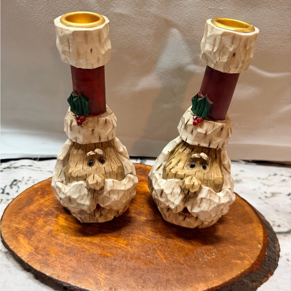Rustic Polyresin Santa Candle Holder Pair – Carved Wood Look Holiday Décor